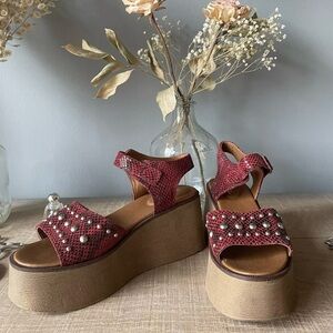 Red Leather Platform Sandals Women's Size 9